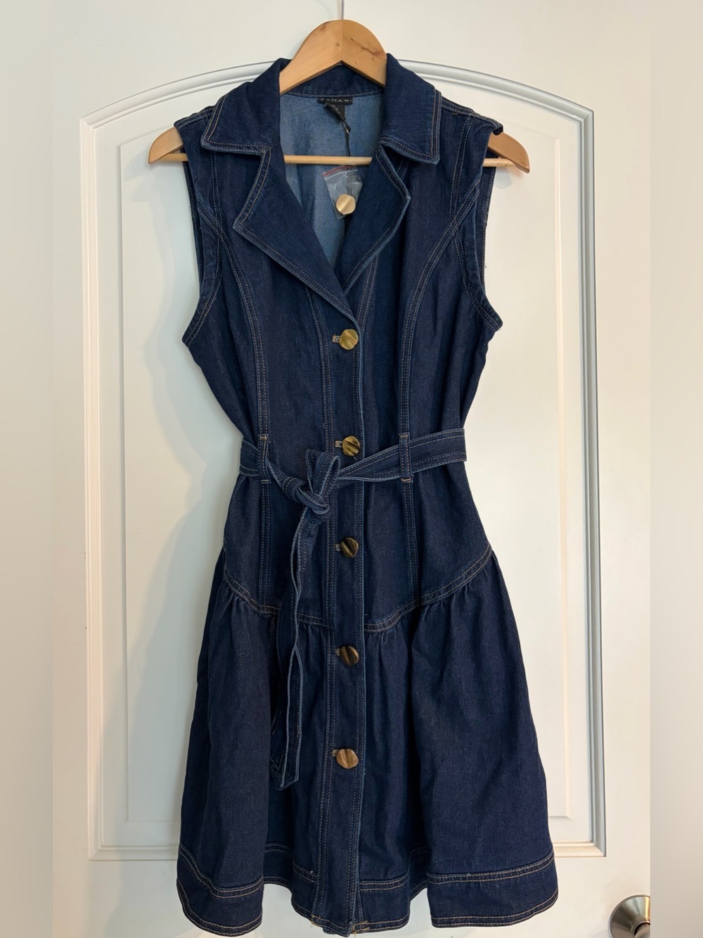 Tahari Dark Blue Sleeveless Denim Button-Front Dress with Tie Waist Large